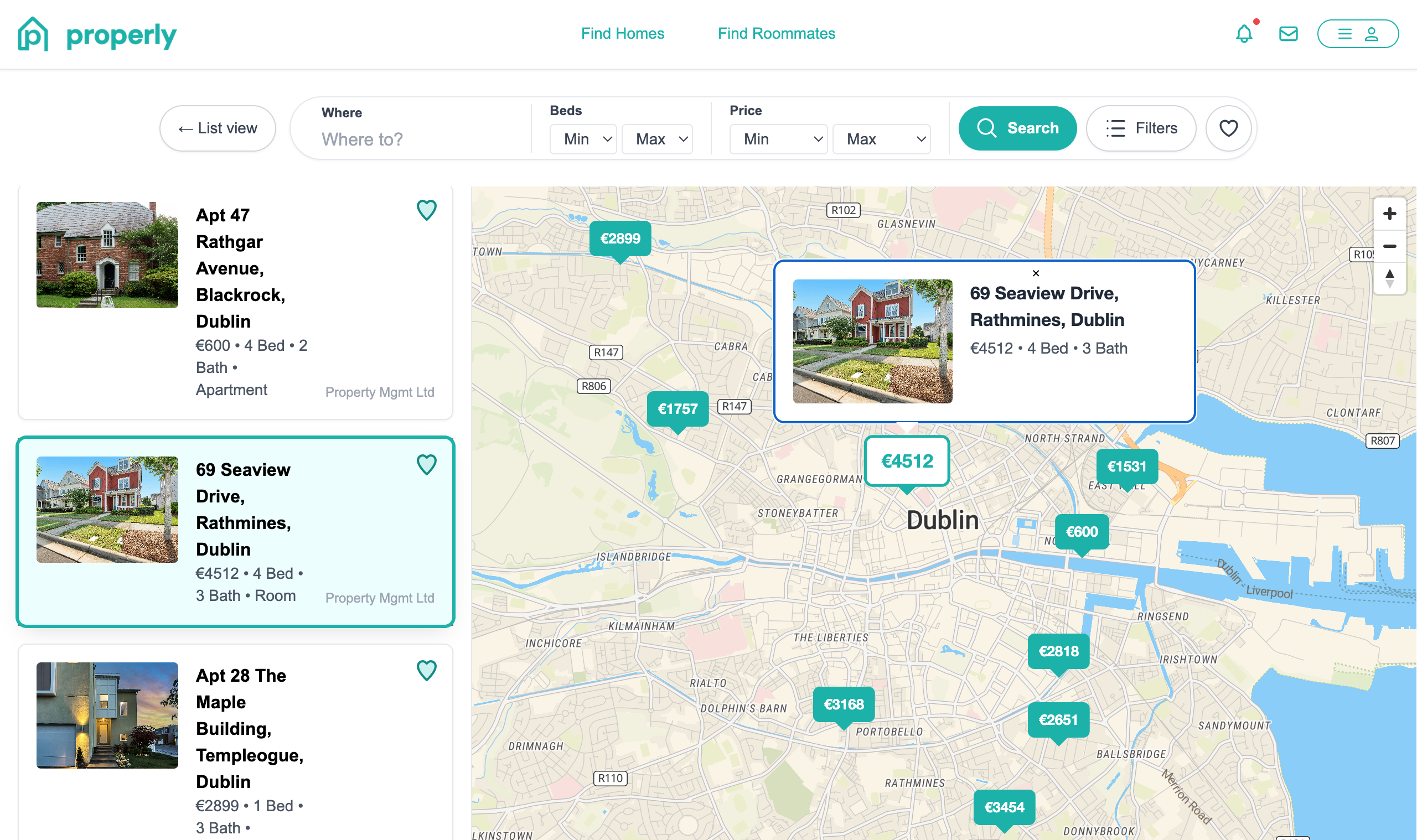 Properly – Map view with Dublin listings